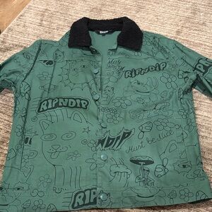 Ripndip Green Graphic Button-Up Jacket with Black Sherpa Collar